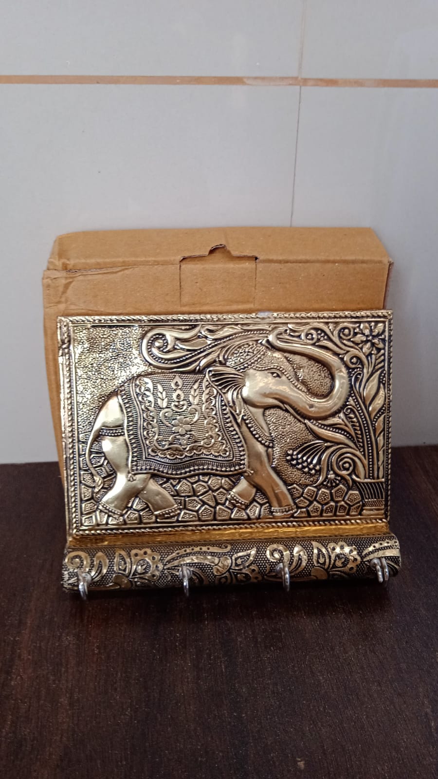 Wooden Key Holder for Home Decor Stylish Metal Gold Antique Elephant Design (1 Pc) Wooden Key Holder for Home Decor Stylish Metal Gold Antique Elephant Design (1 Pc)